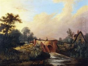 River Landscape With Figure, Cattle, Sheep On A Bridge, Cottage And Church Beyond by John Berney Ladbrooke