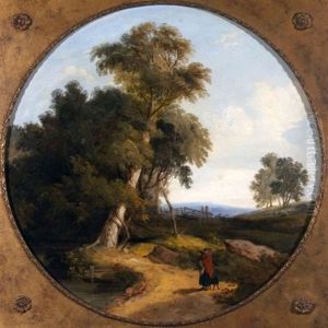 Lady And Dog In Wooded Landscape by John Berney Ladbrooke