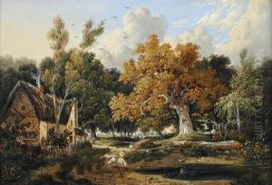 Sheep Outside A Cottage Beside An Ancient Oak Tree
