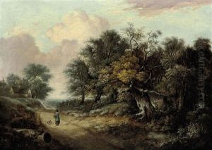A Figure And A Dog On A Country Track, A Cottage Beyond by John Berney Ladbrooke