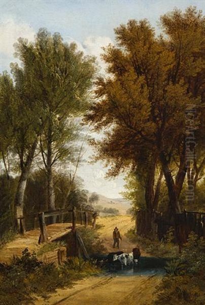 Herdsman With Cattle Fording A River - view 1