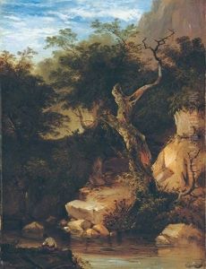 Rocky River Landscape With An Angler by John Berney Ladbrooke