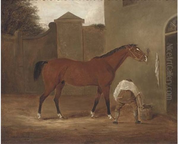A Tethered Horse With A Groom In A Yard - view 1