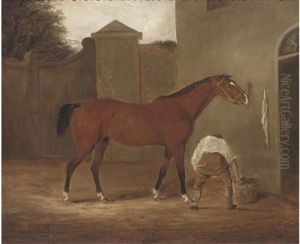 A Tethered Horse With A Groom In A Yard