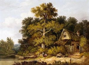 Travellers Resting By A Cottage In A Wooded Landscape by John Berney Ladbrooke