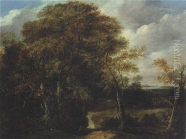 Landscape With A Figure In Red Walking Along A Tree-lined Path, An Estuary Beyond - view 1