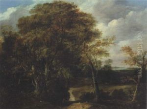 Landscape With A Figure In Red Walking Along A Tree-lined Path, An Estuary Beyond by John Berney Ladbrooke