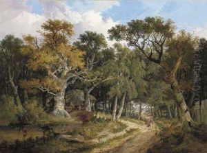 A Wooded River Landscape With A Figure On A Path by John Berney Ladbrooke