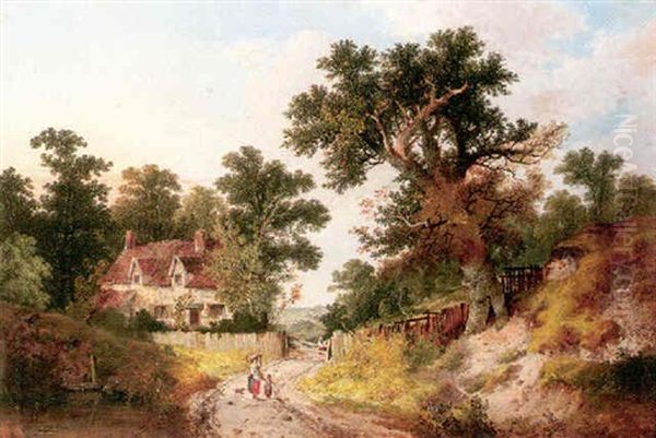 A Landscape With A View Of A Cottage And Figures On A Path Beside A Pond - view 1