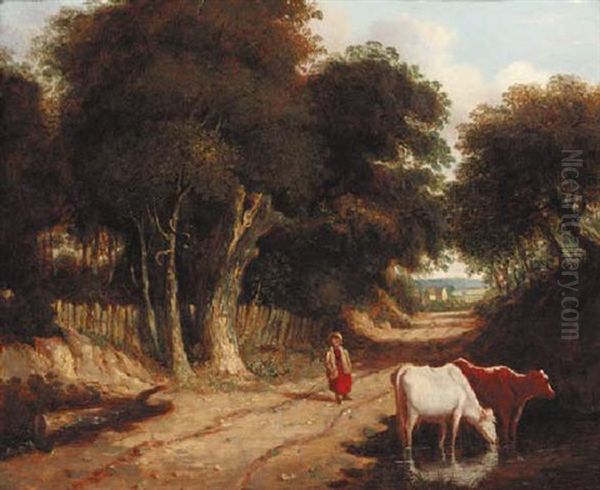 A Drover With Cattle Watering By A Lane - view 1