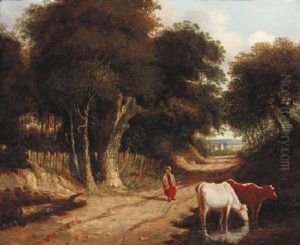A Drover With Cattle Watering By A Lane by John Berney Ladbrooke