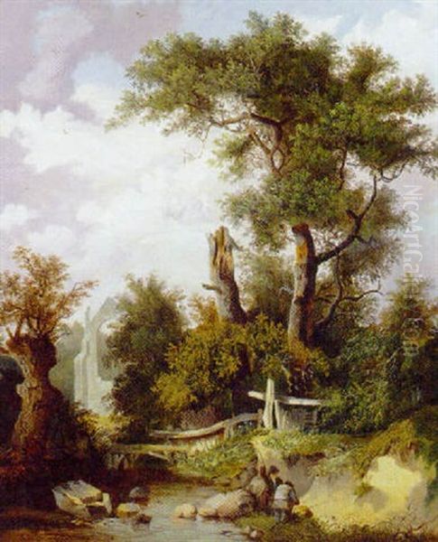 Boys Fishing By A Stream, A Ruined Church Beyond - view 1