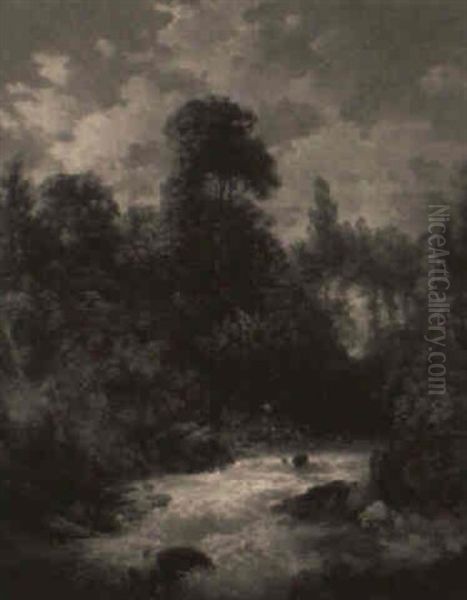 Angler Near A Wooded Stream - view 1