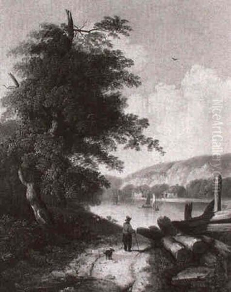 A Wooded Lake Scene With Boats And A Figure - view 1