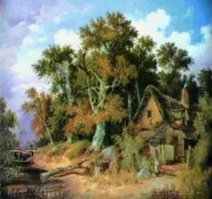 Figure Before A Cottage In A Wooded River Landscape by John Berney Ladbrooke