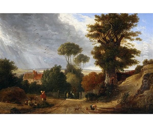 Country Lane With Gypsy Encampment, Figures, Horse And Dog With Cottage To Distance - view 1