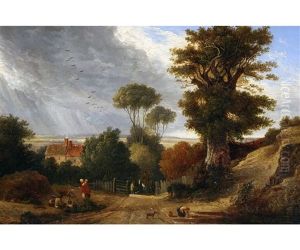 Country Lane With Gypsy Encampment, Figures, Horse And Dog With Cottage To Distance Country Lane With Gypsy Encampment, Figures, Horse And Dog With Cottage To Distance