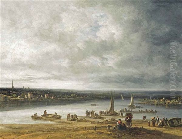A River Estuary, Possibly King's Lynn, Norfolk, With Travellers Unloading Boats - view 1
