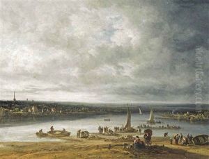 A River Estuary, Possibly King's Lynn, Norfolk, With Travellers Unloading Boats A River Estuary, Possibly King's Lynn, Norfolk, With Travellers Unloading Boats