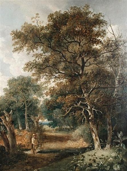Figure On A Bridge Over A Woodland Stream - view 1
