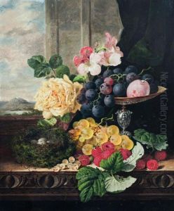Black & Golden Hambro Grapes, Gloire De Dijon Rose, Geranium, Tazza, Linnet"s Nest, Raspberries, 1870 by Edward Ladell