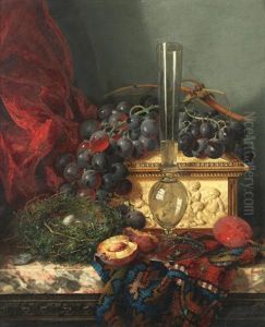 Still Life Of Fruit, A Bird's Nest, A Fluted Vase And Ornate Ivory Casket On A Marble Ledge