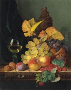 A Roemer, Grapes, Peaches, Plums, Raspberries And Walnuts On A Wooden Ledge by Edward Ladell
