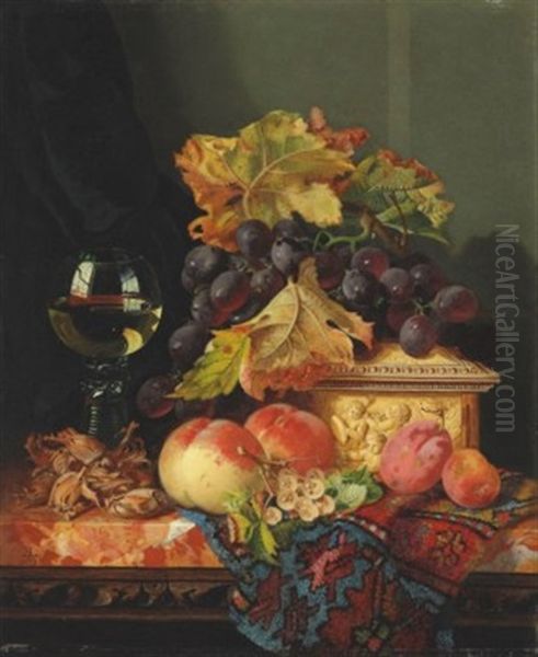 A Roemer With Grapes, Peaches, Plums, White Currants And Cobnuts On A Marble Ledge - view 1