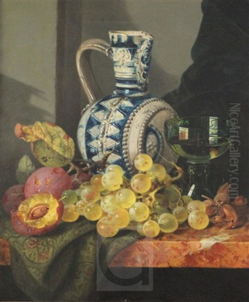 Still Life Of Fruit Beside A Glass And Stoneware Jug - view 1