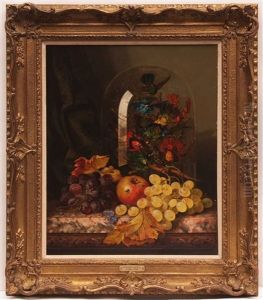 Still Life Study Of Mixed Fruit And Glass Domed Taxidermy Of Birds On A Marble Ledge by Edward Ladell