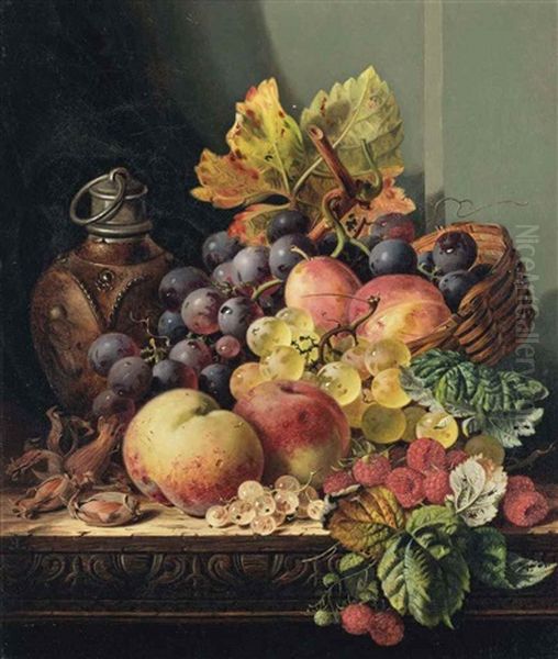 Hazelnuts, Peaches, Grapes, Raspberries, And Plums On A Wooden Ledge - view 1
