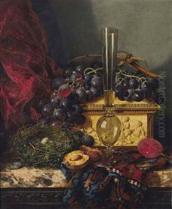 A Flute, With Plums, Grapes, A Bird's Nest And Ivory Casket, On A Persian Carpet On A Marble Ledge by Edward Ladell