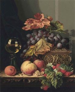 A Glass Of White Wine, Peaches, Grapes, Raspberries And Leaves, On A Carved Wooden Ledge