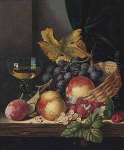 Peaches, Plum, Grapes, Raspberries And White Currants On A Wooden Ledge, With A Wine Glass