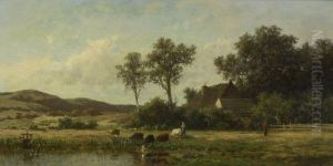 Hirtin Mit Rindern Am Dorfteich. by Euphrosine Beernaert