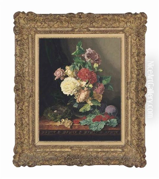 Carnations And Roses In A Glass Vase On A Ledge With Plums, Raspberries, Gooseberries, And A Birds Nest With Eggs - view 1