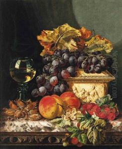 Red Grapes, Raspberries, Peaches, Whitecurrants And Hazelnuts, With An Ivory Casket And Roemer To The Side, On A Marble Ledge Red Grapes, Raspberries, Peaches, Whitecurrants And Hazelnuts, With An Ivory Casket And Roemer To The Side, On A Marble Ledge