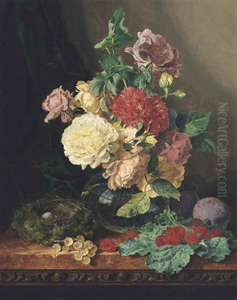 Carnations And Roses In A Glass Vase On A Ledge With Plums, Raspberries, Gooseberries, And A Birds Nest With Eggs - view 1