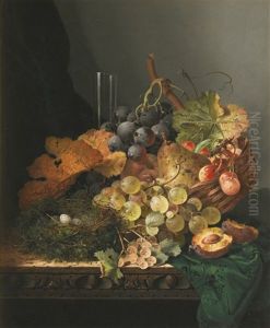 Still Life With A Bird's Nest, Peaches And A Glass Vase With Bunches Of Cherries And Grapes In A Basket by Edward Ladell