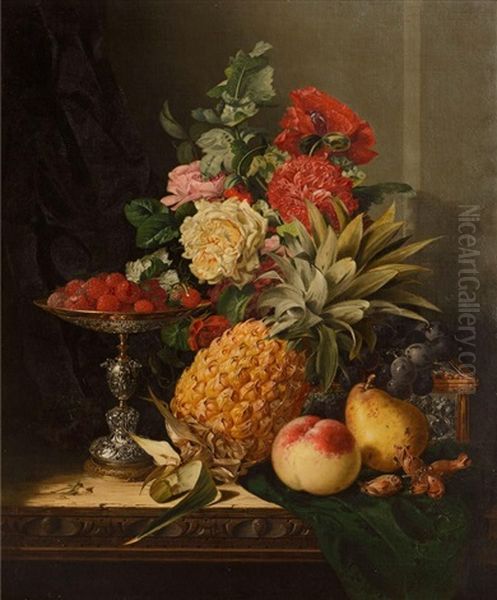 Still Life With A Pineapple, Roses, Carnations, Cob Nuts, Peaches, A Pear, Black Grapes, Raspberries On A Parcel Gilt Tazza With A Parcel Gilt Casket On A Table - view 1