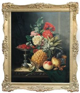 Still Life With A Pineapple, Roses, Carnations, Cob Nuts, Peaches, A Pear, Black Grapes, Raspberries On A Parcel Gilt Tazza, With A Parcel Gilt Casket, On A Table by Edward Ladell