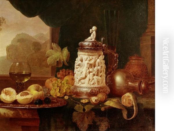 A Still Life Of An Ivory Tankard And Fruit On A Table-top - view 1