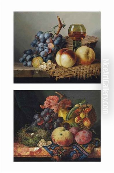 Grapes, A Peach, Cherries, Plums, Whitecurrants And A Birds Nest, On A Marble Ledge; A Glass Of Wine,... And A Wicker Basket, On A Ledge (pair) - view 1