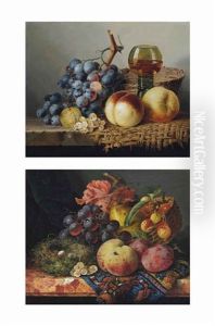 Grapes, A Peach, Cherries, Plums, Whitecurrants And A Birds Nest, On A Marble Ledge; A Glass Of Wine,... And A Wicker Basket, On A Ledge (pair) Grapes, A Peach, Cherries, Plums, Whitecurrants And A Birds Nest, On A Marble Ledge; A Glass Of Wine,... And A Wicker Basket, On A Ledge (pair)