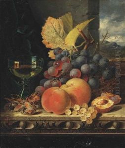 A Glass Of White Wine, Grapes, Peaches And White Currants, On A Ledge, With A Landscape Beyond