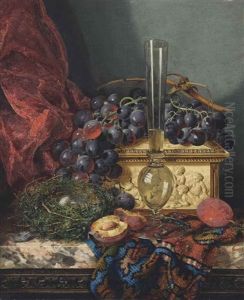 A Tall Flute, With Grapes, Plums, A Bird's Nest, And Ivory Casket, On A Persian Carpet On A Marble Ledge A Tall Flute, With Grapes, Plums, A Bird's Nest, And Ivory Casket, On A Persian Carpet On A Marble Ledge