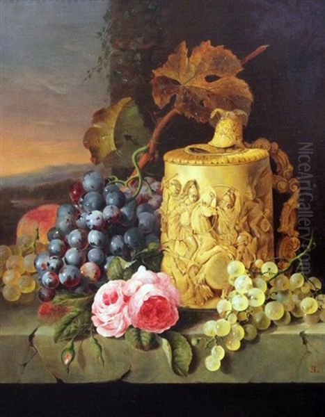 Still Life With Grapes, Roses And An Ivory Stein, On A Marble Ledge - view 1