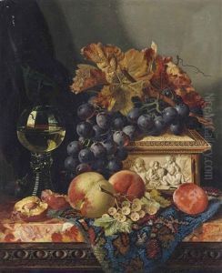 A Glass Of Wine, Grapes, Peaches, White Currants, And An Ivory Box, On A Marble Ledge