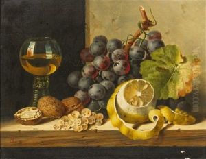 Still Life With Nuts, Grapes, Lemon And Leaves On A Wood Ledge