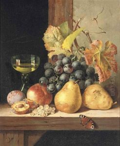 Black Grapes, Pears, A Peach, Plums, White Currants, A Peacock Butterfly And A Roemer On A Wooden Ledge